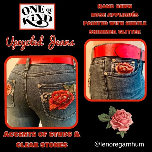 Upcycled Earl Jeans rose appliqués studded 27w - Picture 2 of 11